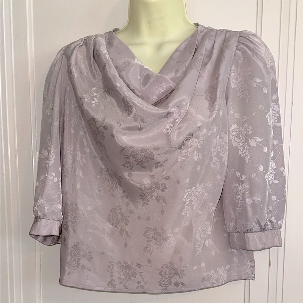 Vintage 80s light silver (or lavender) satin polyester floral print blouse